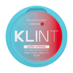 Klint Avalanche Mint chewing gum packaging with blue and red design on a white background