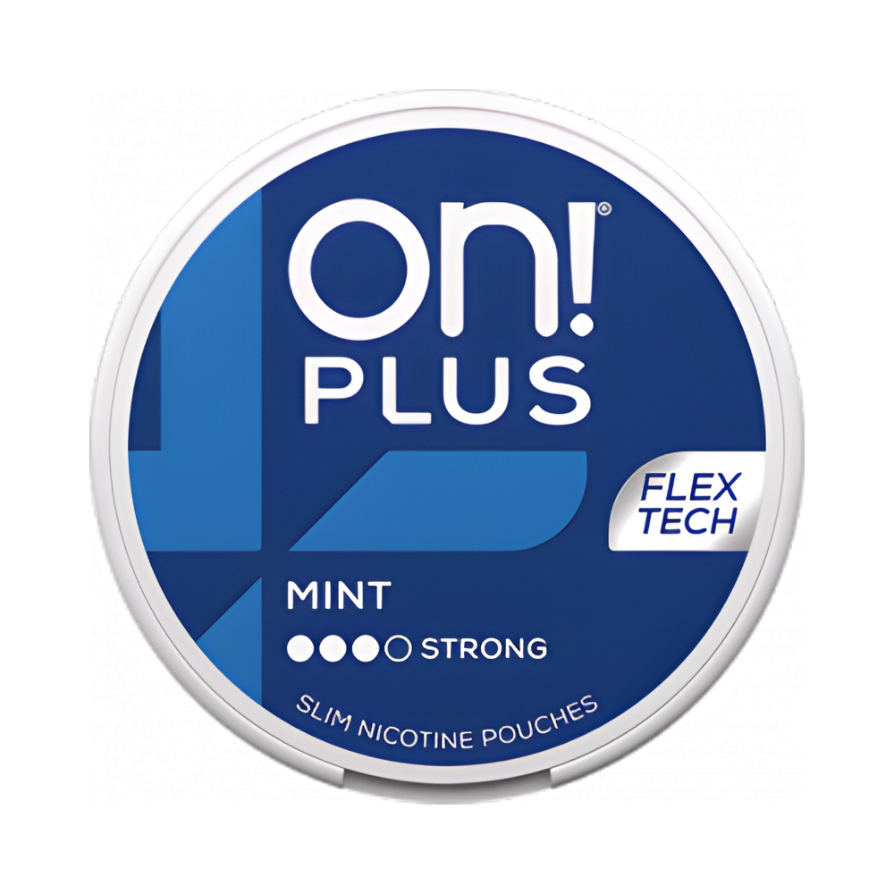 On! Plus Flex Tech nicotine pouch container with blue and white design