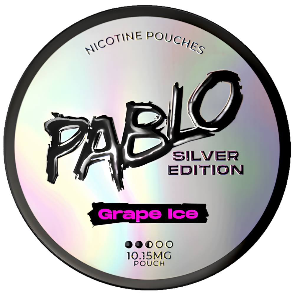 A round silver holographic nicotine pouch can label for Pablo Silver Edition Grape Ice, featuring black and pink text on a reflective iridescent background.