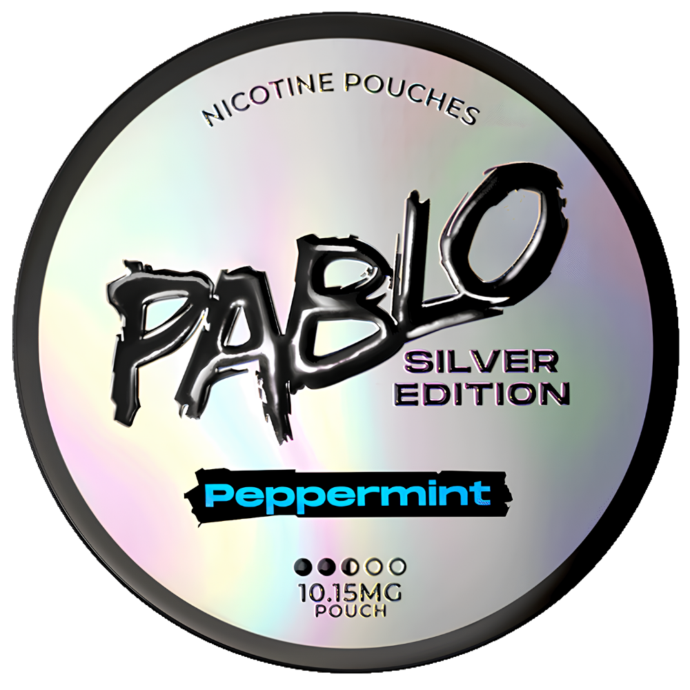 A round silver holographic nicotine pouch can labeled 'Pablo Silver Edition' in Peppermint flavor, with black and blue text on a white background.