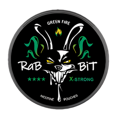A round black nicotine pouch can with a dark gray rim, featuring a stylized white rabbit face with yellow eyes, green smoke graphics, and the text 'GREEN FIRE', 'RABBIT BIT', 'X-STRONG', and 'NICOTINE POUCHES' on a white background.