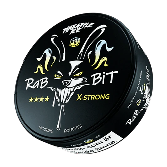 RAB BIT X-Strong nicotine pouches container with branding and product details on a white background