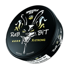 RAB BIT X-Strong nicotine pouches container with branding and product details on a white background