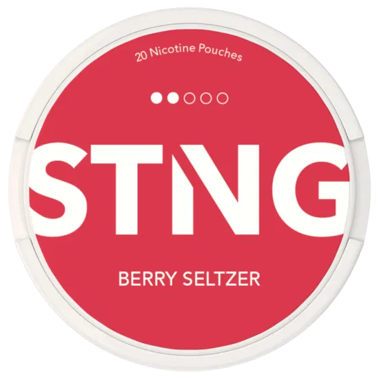 STING Berry Seltzer nicotine pouch container with red label and white text.