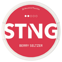STING Berry Seltzer nicotine pouch container with red label and white text.