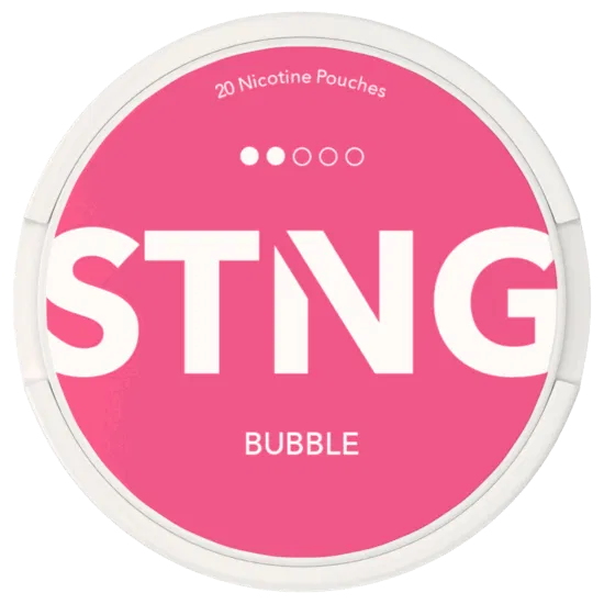 Pink packaging of Sting bubble nicotine pouches with white text.
