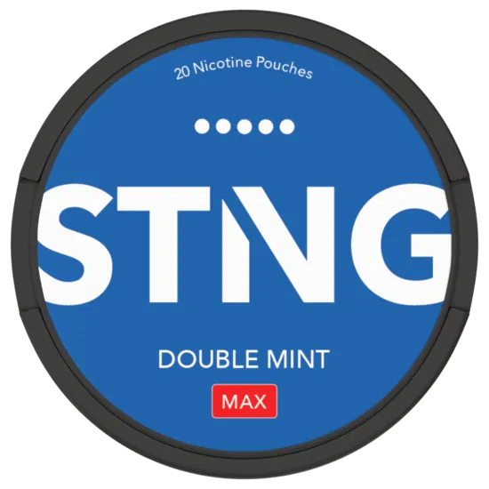 STING Double Mint MAX nicotine pouch container with blue label and black rim