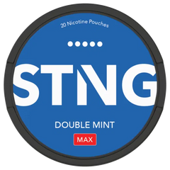 STING Double Mint MAX nicotine pouch container with blue label and black rim