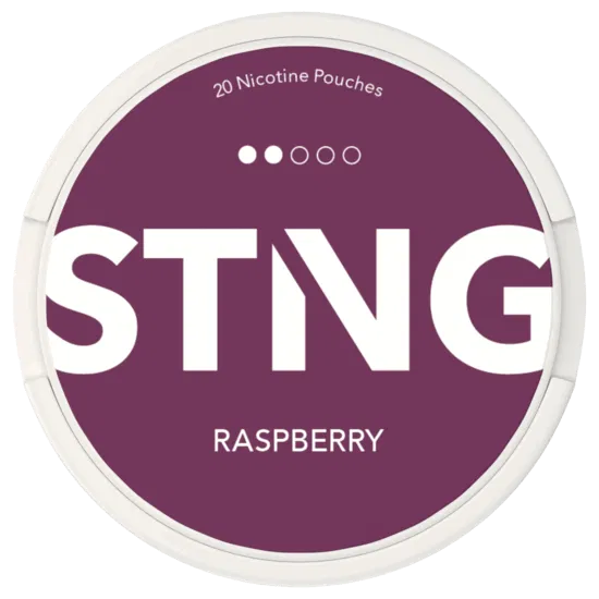 STING nicotine pouch container with raspberry flavor on a purple background