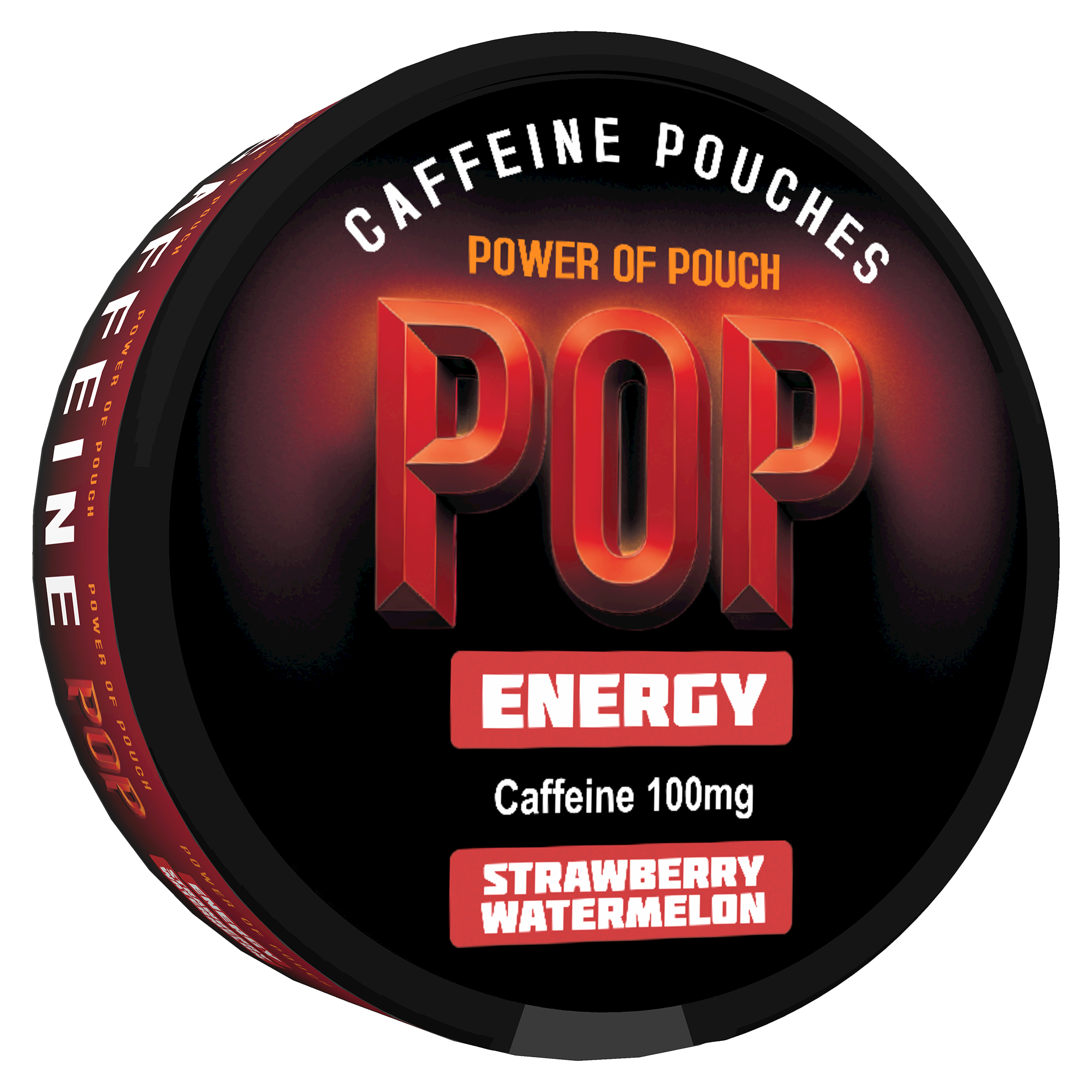 Caffeine pouches packaging with 'POP' branding on a black background