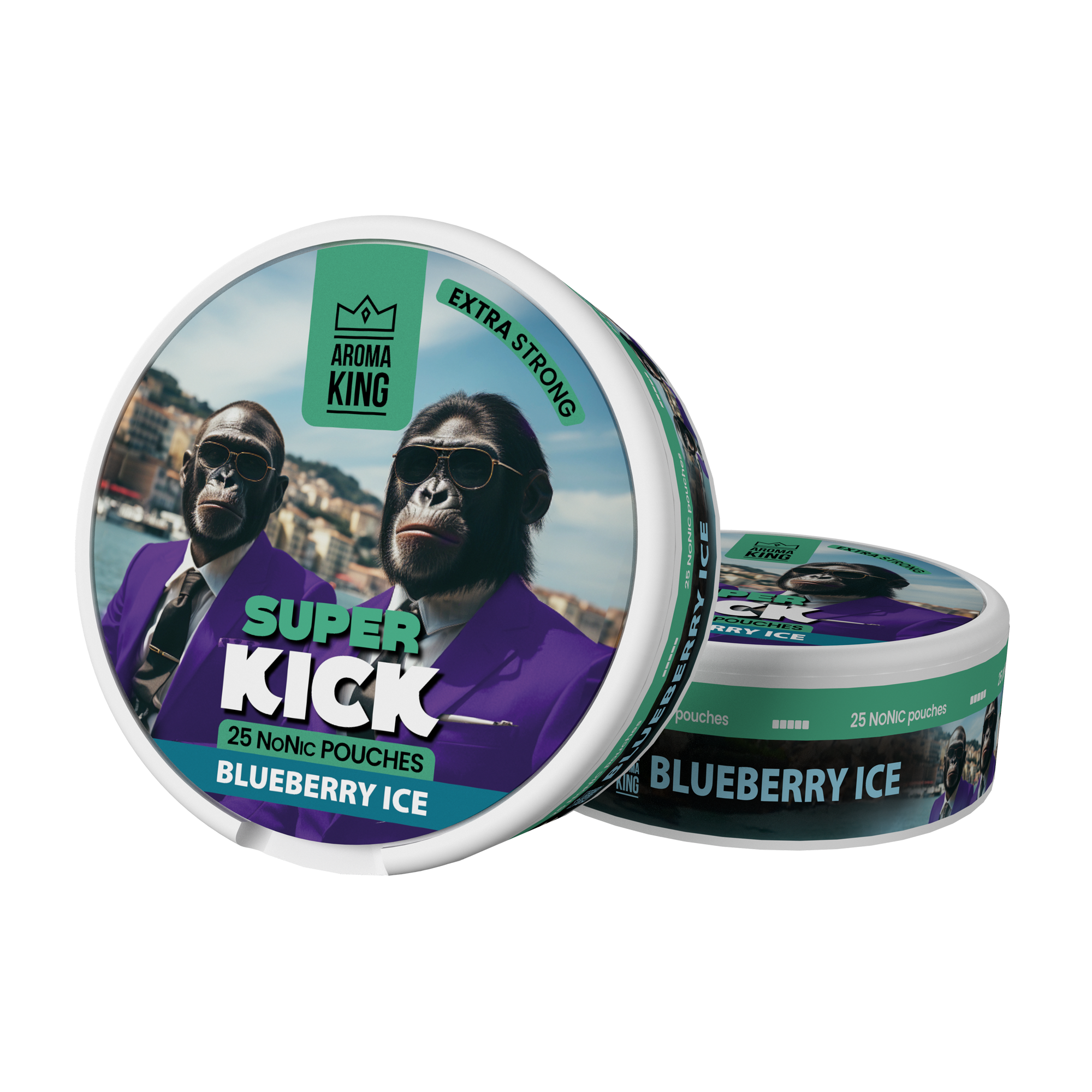 Aroma King Blueberry Super Kick with 2 gorillas in purple suits and wearing sunglasses