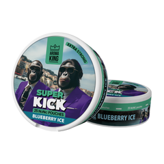 Aroma King Blueberry Super Kick with 2 gorillas in purple suits and wearing sunglasses