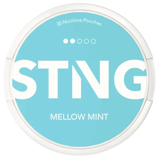 STING nicotine pouch container with 'Mellow Mint' flavor on a light blue background