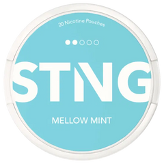 STING nicotine pouch container with 'Mellow Mint' flavor on a light blue background