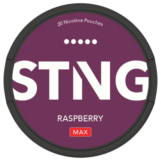 STING nicotine pouch container with raspberry flavor on a purple background