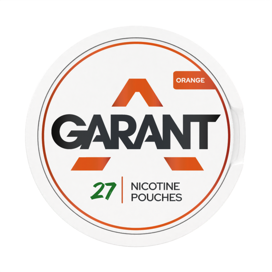 Garant nicotine pouch container with branding and product details on a white background