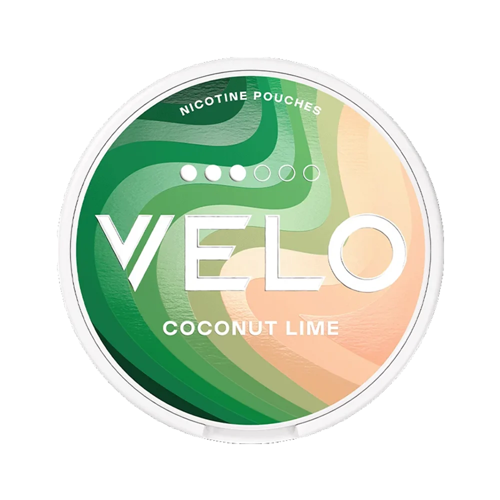 VELO nicotine pouches packaging with green and peach design on a white background