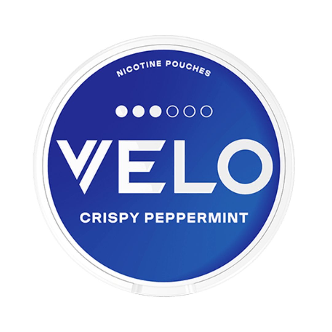 VELO Crispy Peppermint Slim 10mg nicotine pouches featuring vibrant blue packaging with a strength level of 3 out of 6 dots. Offers a crisp and invigorating peppermint flavour for a refreshing and satisfying nicotine experience.