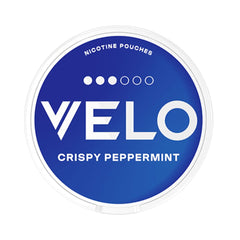 VELO Crispy Peppermint Slim 10mg nicotine pouches featuring vibrant blue packaging with a strength level of 3 out of 6 dots. Offers a crisp and invigorating peppermint flavour for a refreshing and satisfying nicotine experience.