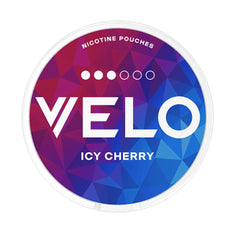 VELO Icy Cherry Slim 10mg nicotine pouches featuring vibrant blue and cherry red geometric packaging with a strength level of 3 out of 6 dots. Delivers a refreshing fusion of icy coolness and rich cherry flavour for a smooth and invigorating nicotine experience.