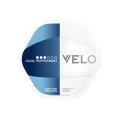 VELO nicotine pouches packaging with blue and white design on a white background