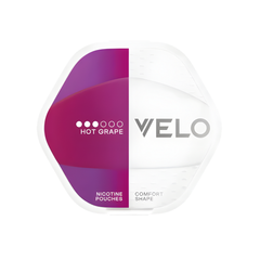 Velo nicotine pouches packaging with purple and white design on a white background