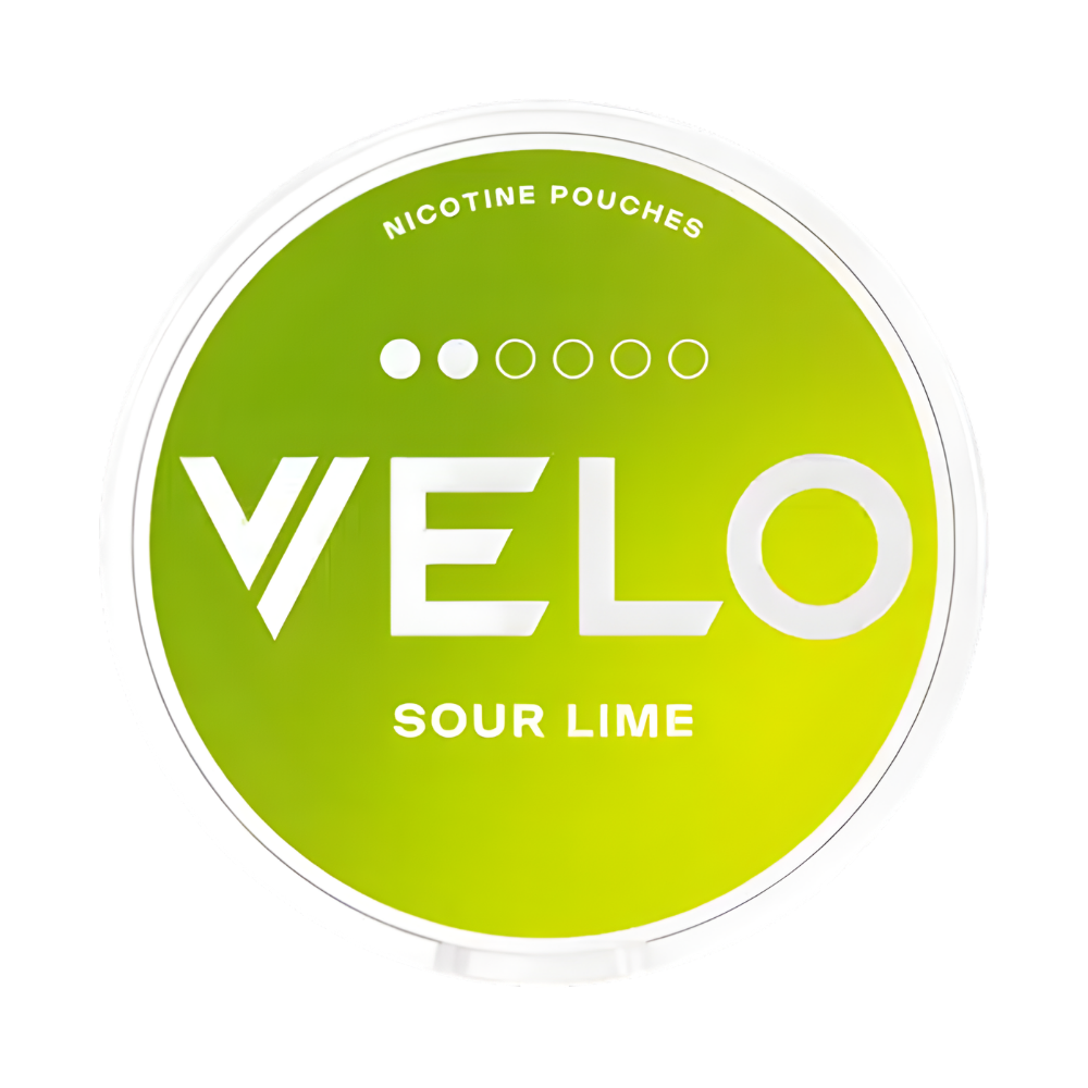 Green circular Velo nicotine pouches label with 'Sour Lime' flavor text on a white background