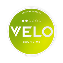 Green circular Velo nicotine pouches label with 'Sour Lime' flavor text on a white background