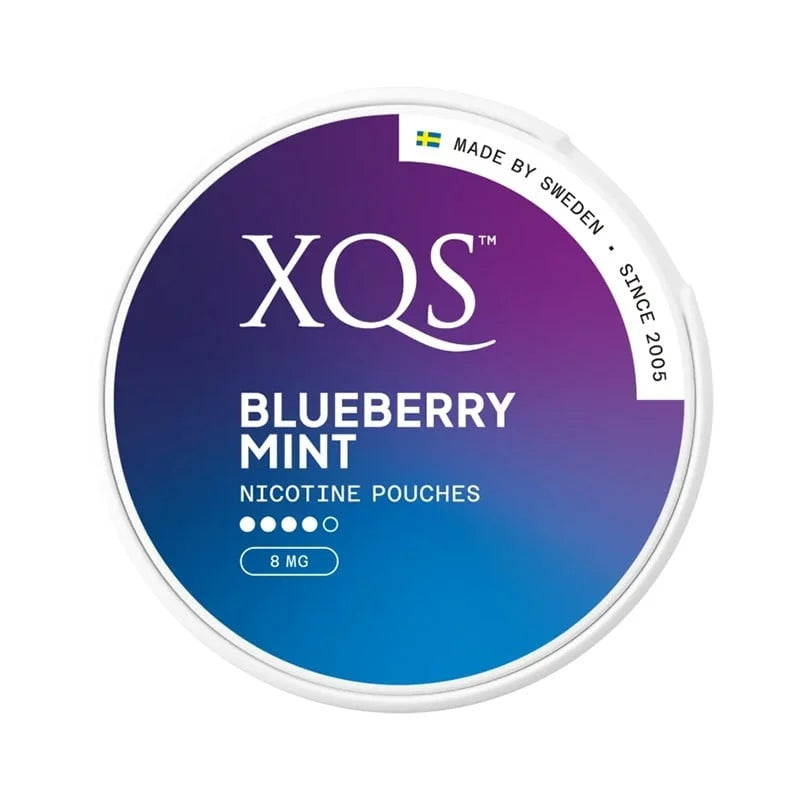 XQS Blueberry Mint nicotine pouches container on a white background
