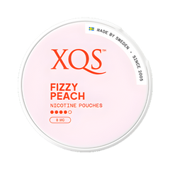 XQS Fizzy Peach nicotine pouches container on a white background