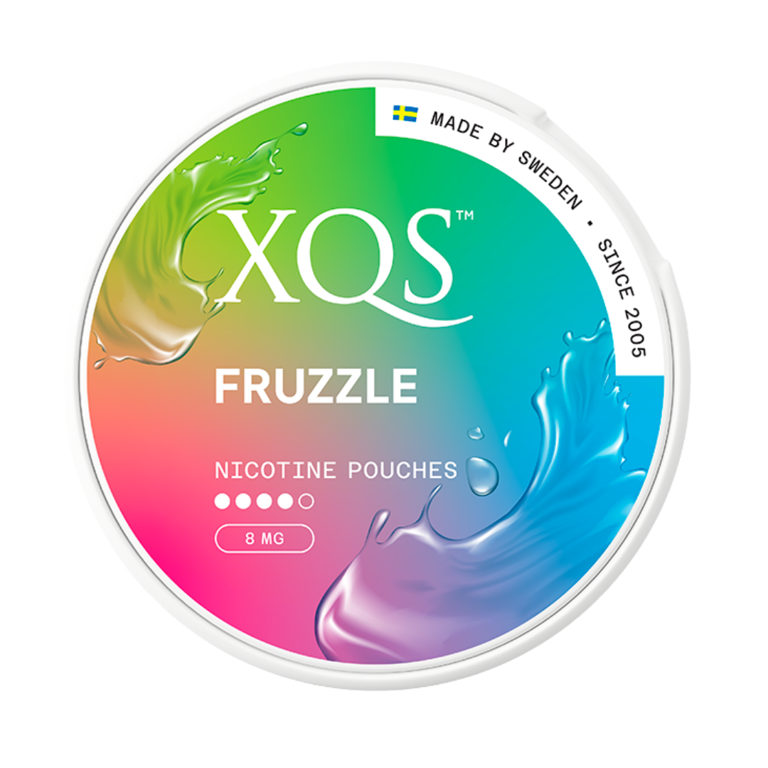 XQS Fruzzle nicotine pouches container with colorful design on a white background