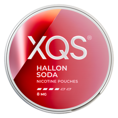 A round silver tin of XQS Hallon Soda Nicotine Pouches, 8 mg, on a solid white background.