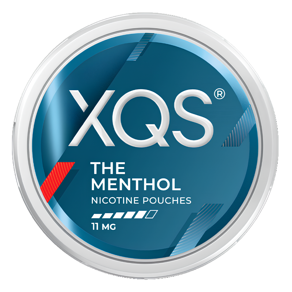 A round silver tin of XQS The Menthol Nicotine Pouches 11 MG on a solid white background.