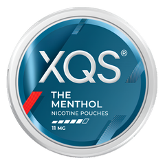 A round silver tin of XQS The Menthol Nicotine Pouches 11 MG on a solid white background.
