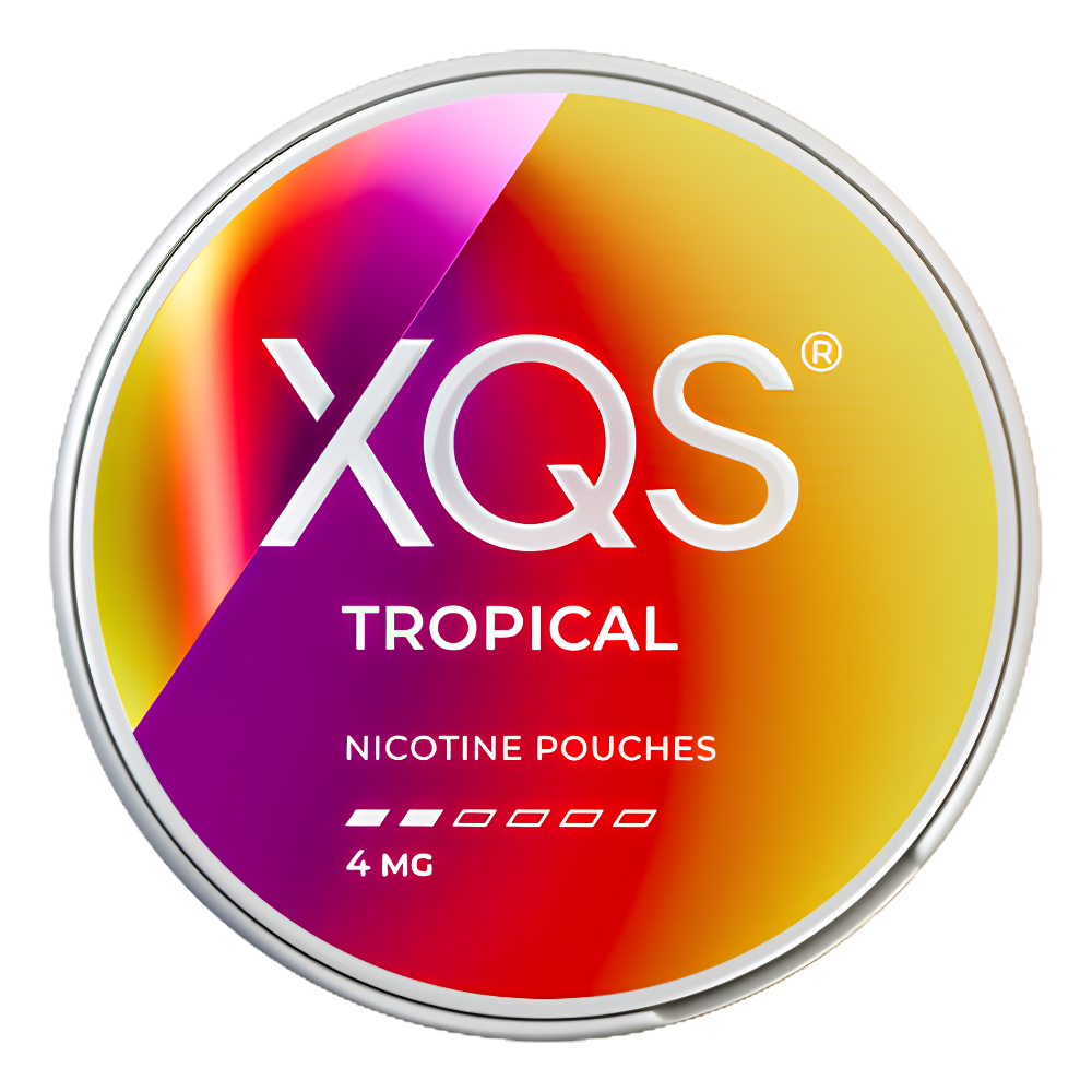 A round tin of XQS Tropical Nicotine Pouches 4 MG, featuring a vibrant diagonal gradient label with red, orange, yellow, and purple tones and a silver metallic rim.