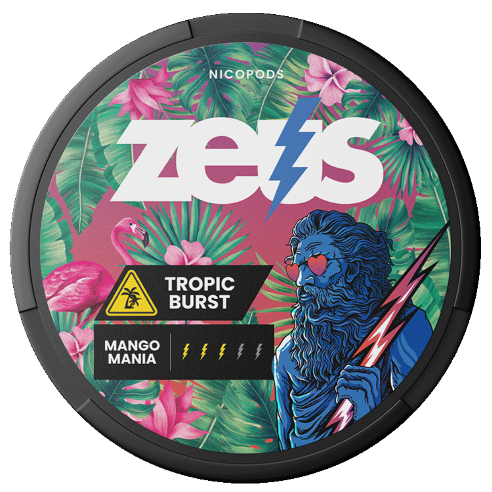 Nicopods Zeus Tropic Burst Mango Mania disposable vape packaging, featuring a black circular container with a colorful tropical design of pink flamingos, green palm leaves, a blue-skinned figure with red heart eyes, and the white 'zeus' logo.