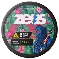 Nicopods Zeus Tropic Burst Mango Mania disposable vape packaging, featuring a black circular container with a colorful tropical design of pink flamingos, green palm leaves, a blue-skinned figure with red heart eyes, and the white 'zeus' logo.