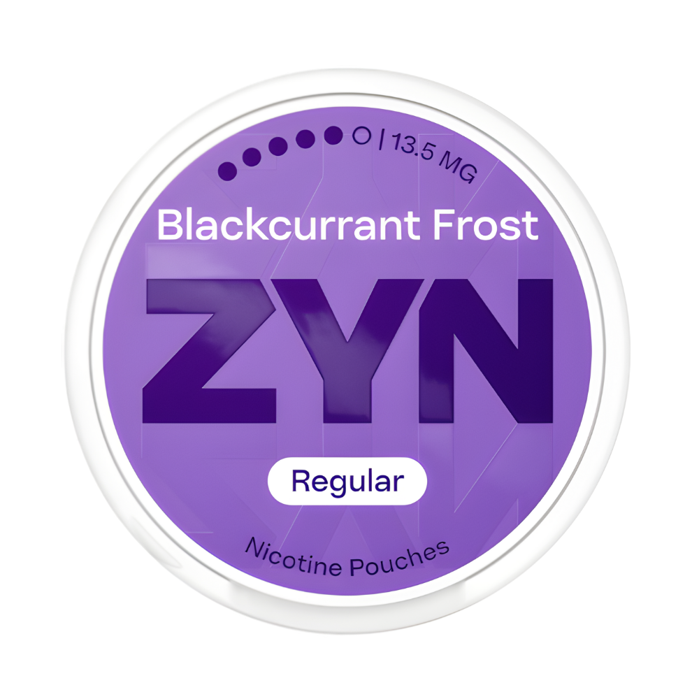 ZYN Blackcurrant Frost nicotine pouches packaging on a white background