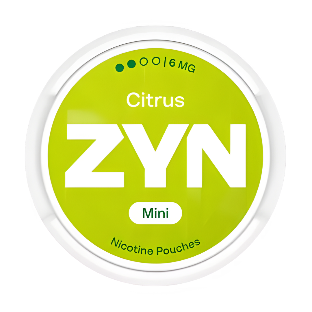 ZYN Mini nicotine pouches container with green label on a white background