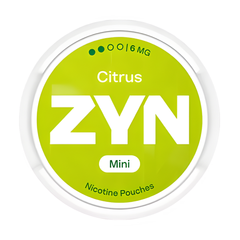 ZYN Mini nicotine pouches container with green label on a white background