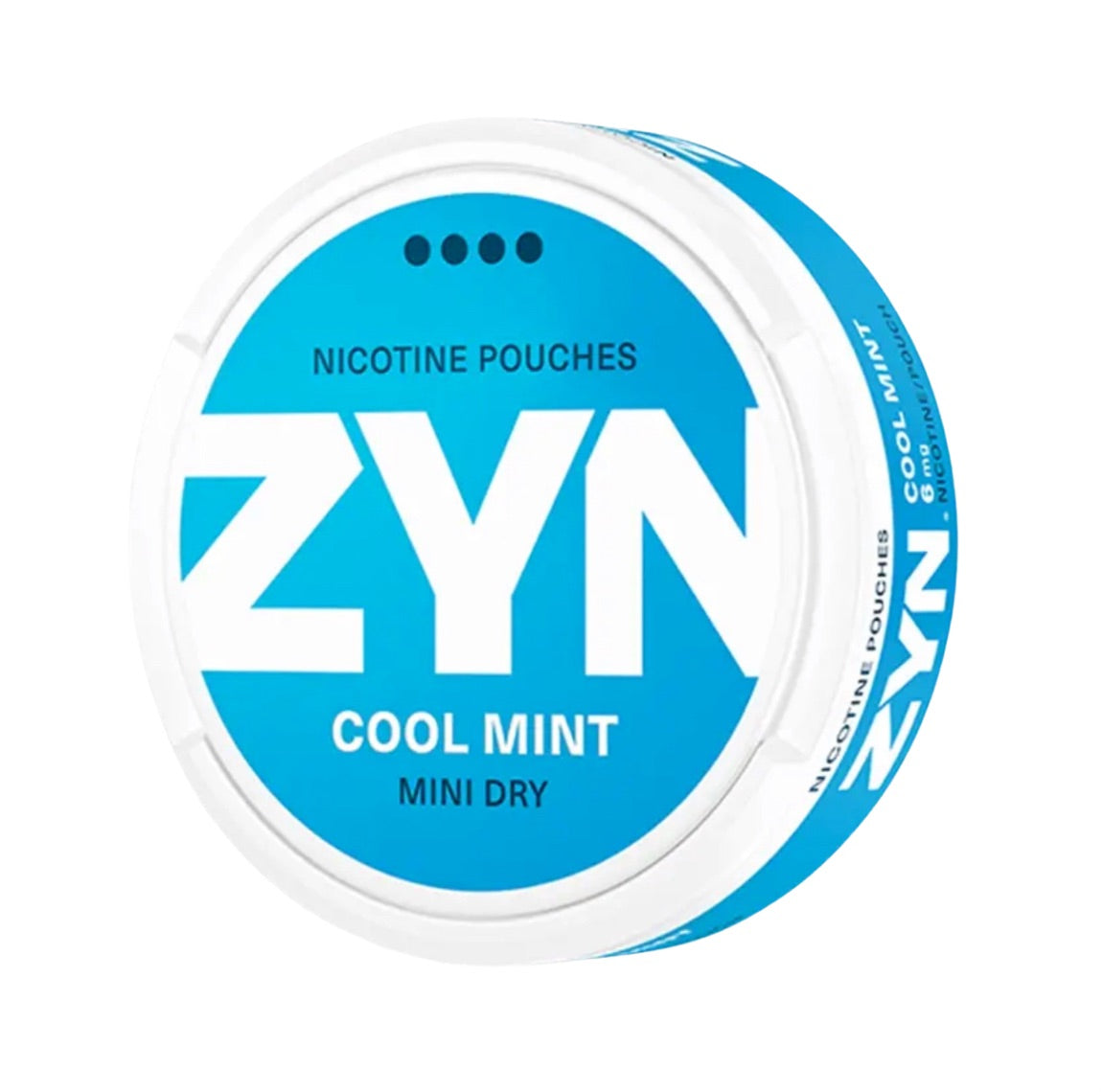ZYN Cool Mint Mini Dry 6mg nicotine pouches featuring crisp blue and white packaging with a strength level of 4 out of 4 dots. Delivers a refreshing burst of cool mint flavour for a discreet and invigorating nicotine experience.