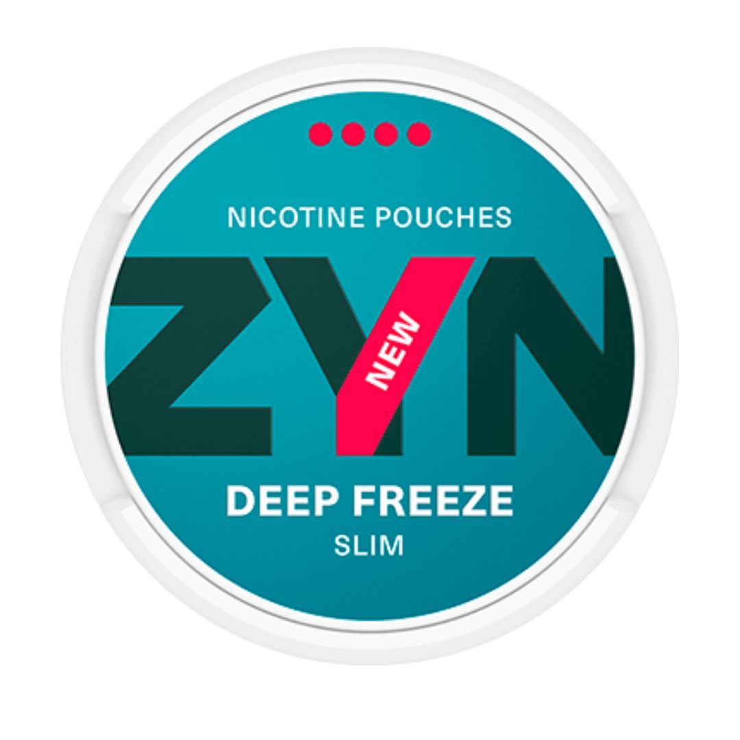 ZYN Deep Freeze Slim 11mg nicotine pouches featuring bold teal and dark blue packaging with a striking "NEW" label and a strength level of 4 out of 4 dots. Delivers an icy and invigorating mint flavour for an intense and refreshing nicotine experience.