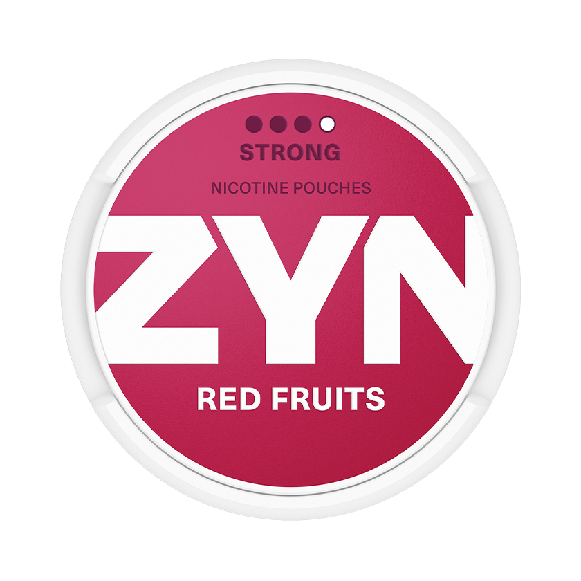 ZYN nicotine pouch container with red fruit flavor on a white background