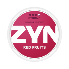 ZYN nicotine pouch container with red fruit flavor on a white background