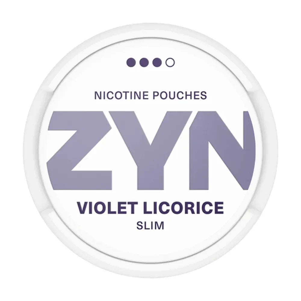 ZYN Violet Licorice Slim 11mg nicotine pouches, featuring striking purple and white packaging with a 4-dot strength level. Slim, tobacco-free format delivering a bold liquorice flavour with a strong nicotine experience.