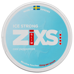 A round tin of Zixs Slim Ice Strong nicotine pouches in cool peppermint flavor, made in Sweden. The packaging features a light blue background with white and red branding.