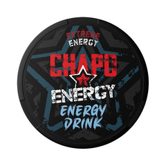 Circular energy drink container with 'Chapo Energy' branding on a black background