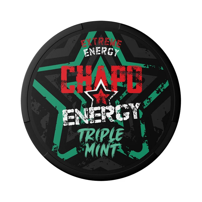 Circular product packaging with 'Chapo Energy' branding on a black background