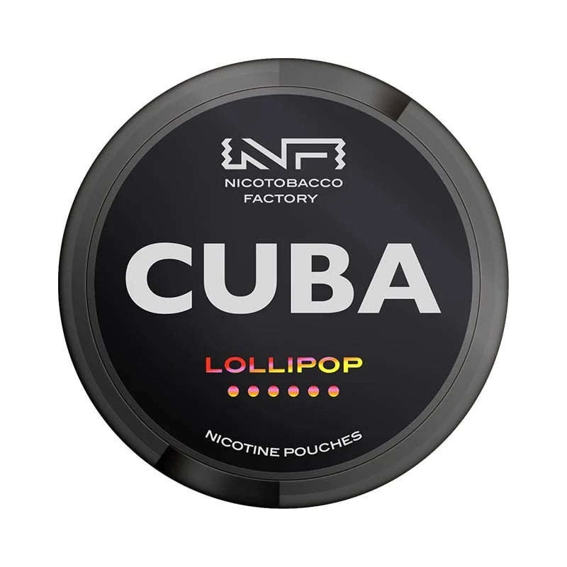 Nicotine pouch container with 'Cuba Lollipop' flavor on a black background