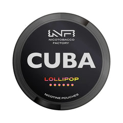 Nicotine pouch container with 'Cuba Lollipop' flavor on a black background